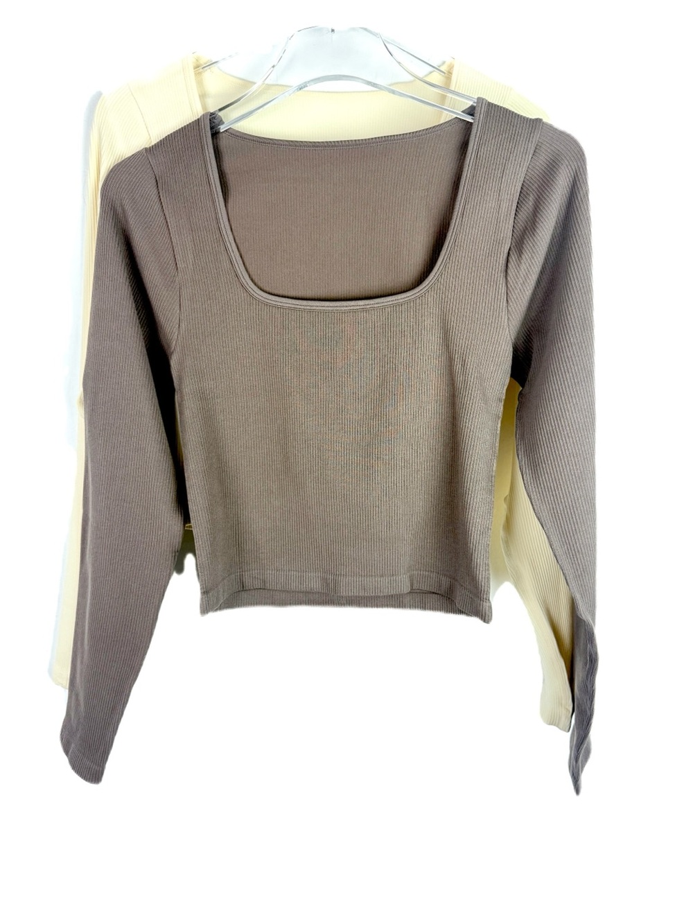 NEW OQQ Long Sleeve Ribbed Square Neck Crop Tops Set of 2 Ivory Brown Size Large